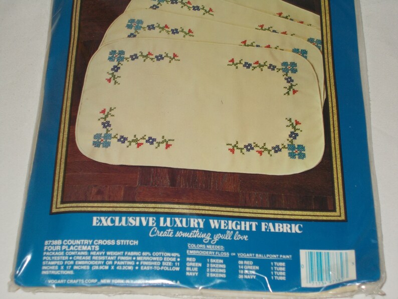 Vintage Vogart Crafts The Heritage Collection Four Placemats Embroidery Kit 8738B Country Cross Stitch NOS NEW