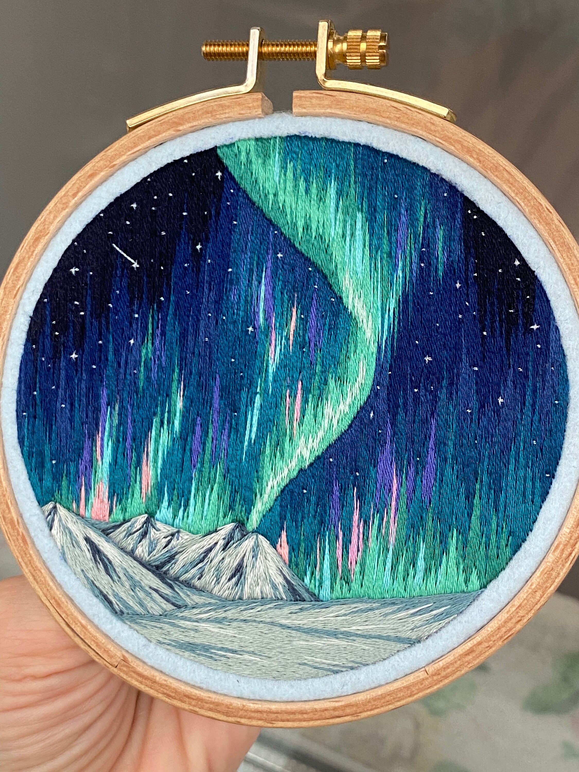 Embroidery hoop art embroidered landscape northern lights Etsy