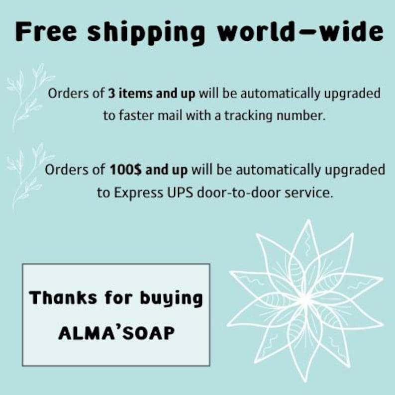 May include: A light blue background with white text that reads "Free shipping world-wide." Additional text states orders of 3 items and up are upgraded to faster mail and orders of $100 and up are upgraded to Express UPS. The text "Thanks for buying ALMA'SOAP" is also present.