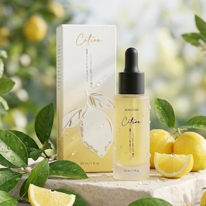 May include: A skincare product display featuring a bottle and box of Citron Night Serum. The clear glass bottle has a black dropper and is next to a matching box with a lemon illustration. Fresh lemons and lemon slices are arranged around the products.