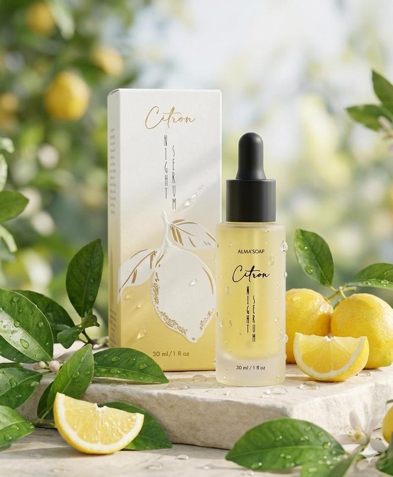 May include: A skincare product display featuring a bottle and box of Citron Night Serum. The clear glass bottle has a black dropper and is next to a matching box with a lemon illustration. Fresh lemons and lemon slices are arranged around the products.