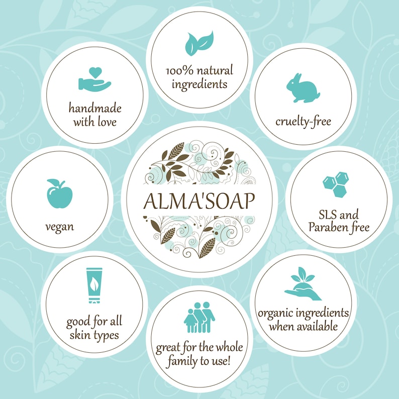 May include: A teal and white graphic promoting Alma's Soap. The design includes circular icons with text such as "handmade with love," "100% natural ingredients," "cruelty-free," and "vegan." The central logo reads "ALMA'S SOAP."