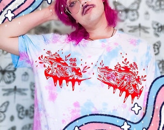 Transgender Pride Mushrooms Cottagecore Goblincore Top Surgery Blooms HTV Blue and Pink Tie Dyed Shirt
