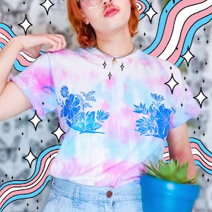 Transgender Pride Flower Botanical Top Surgery Blooms HTV Blue and Pink Tie Dyed Shirt