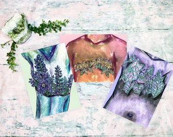 Top Surgery Botanical Series| Set of Three A4 and A8 (5x7 and 8x10 Inch) Gouache Mixed Media Paintings Art Prints