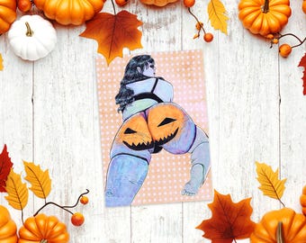 Cheeky Pumpkins| A4 and A8 (5x7 and 8x10 inches) Marker Mixed Media Halloween October Themed Boudoir Painting Art Print