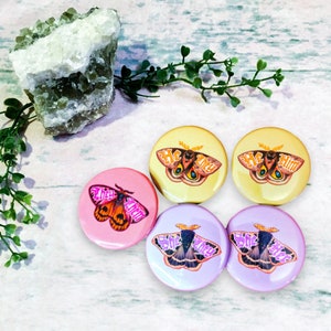 Pronouns Buttons Pins with Moths He/Him, He/They, She/Her, She/They, They/Them