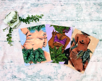 Trans Feminine Botanical Series | Set of Three A4 and A8 (5x7 and 8x10 Inch) Gouache Mixed Media Paintings Art Prints