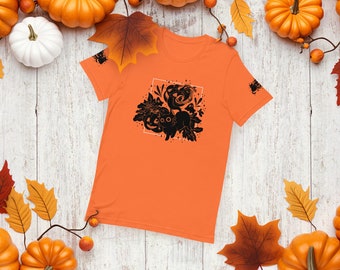 Halloween October spooky pumpkin ghosts black cats cute orange heather unisex t-shirt with front and sleeve prints