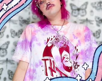 Transgender Pride T4T Queer Gay Couple HTV Vinyl Design Purple and Peach Orange Spiral Tie Dyed Shirt