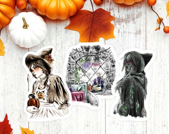 Inktober Witches 2022| Three (3) Halloween Fall October Themed Vinyl Stickers