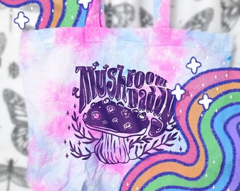 Mushroom Daddy Queer Pride Cottagecore Alternativ HTV Design Blue Pink Tie Dye Cotton Tote Market Bag Purse