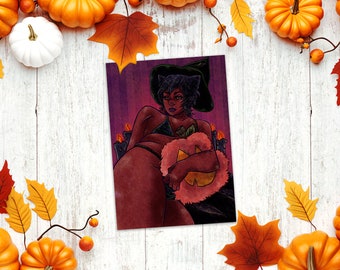 Witch & Familiar| A4 and A8 (5x7 and 8x10 Inch) Marker Mixed Media October Halloween Spooky Catgirl Themed Boudoir Painting Art Prints
