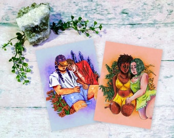 Queer Couples Botanical Series | Set of 2 A4 and A8 (5x7 and 8x10 Inch) Watercolor Paintings Art Prints