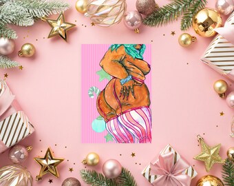 Santa baby| Small A8 (5x7 Inch) or Large A4 (8x10 Inch) Mixed Media Holiday Christmas Pin up Nude Figure Paintings Art Prints
