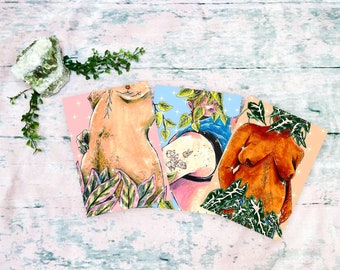 Trans Masculine Botanical Series | Set of Three A4 and A8 (5x7 and 8x10 Inch) Gouache Mixed Media Paintings Art Prints