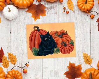 Black cat in the pumpkin patch| A4 and A8 (5x7 and 8x10 Inch) Marker Mixed Media October Themed Boudoir Painting Art Prints