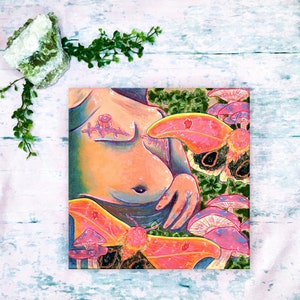 Gender chrysalis | Queer LGBTQIA+ pride trans man pink moths mushrooms square 6x6 and 8.5x8.5 Inch Gouache Painting Digital Art Print