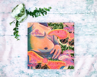 Gender chrysalis | Queer LGBTQIA+ pride trans man pink moths mushrooms square 6x6 and 8.5x8.5 Inch Gouache Painting Digital Art Print