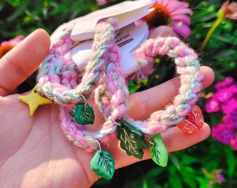 Spring garden bracelets | Green pink crochet handmade bracelets with hand painted leaf tulip star polymer clay charms