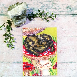 Happy as a Toad on a Toadstool| A8 (5x7 Inches) & A4 (8x10 Inches) Gouache Watercolor Marker Mushroom Spring Toad Frog Painting Art Print