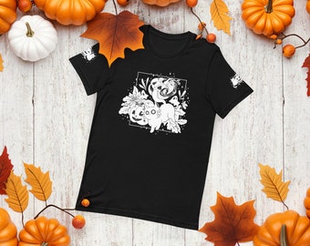 Halloween October spooky pumpkin ghosts black cats cute black unisex t-shirt with front and sleeve prints