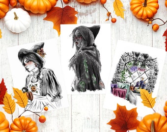Inktober Witches 2022| Set of three (3)  A4 and A8 (5x7 and 8x10 Inch) Marker Mixed Media October themedPainting Art Prints