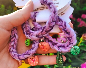 Lavender tulip bracelets | Purple pink crochet handmade bracelets with hand painted leaf tulip star polymer clay charms