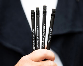 New Job Gift, Motivational Quote Pencils, Black Pencil Pack with Quotes, Best Friend Gift, Leaving Gift for Her, Graduation