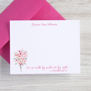 Personalized Christian Scripture Note Cards for Women with Envelopes Religious Stationery Set for Girls with Name Pink Floral Thank You Set