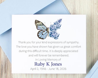 Funeral Thank You Cards with Envelopes, Personalized Blue Butterfly Design