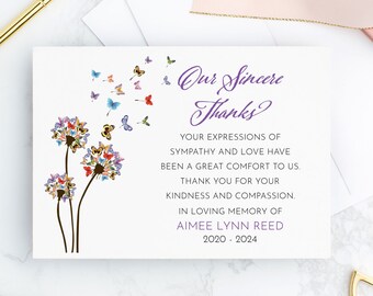 Butterfly Sympathy Thank You Cards: Personalized Funeral Acknowledgment