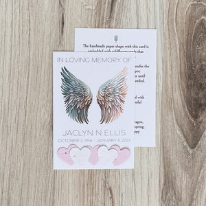 Funeral Favor with Angel Wings and Plantable Hearts, Personalized Memorial Cards with Keepsake for Guests, Funeral Seed Paper Heart Card