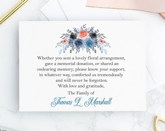 Personalized Navy Blue Floral Funeral Thank You Cards with Envelopes