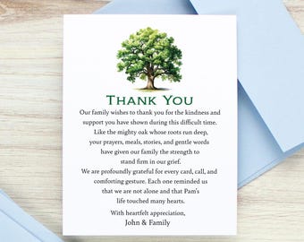 Personalized Oak Tree Funeral Thank You Cards, Custom Memorial Gratitude Cards with Envelopes, Sympathy Acknowledgement Notes