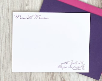 May include: White stationery card with purple text that reads "Meredith Monroe" and a purple quote that reads "with God, all things are possible. - Matthew 19:26"