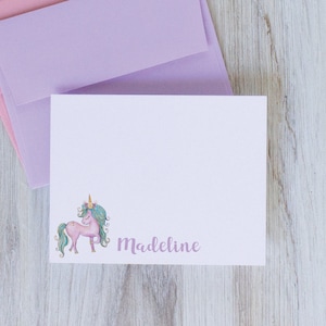 Personalized Purple Unicorn Stationery Set: Watercolor Notecards with Envelopes
