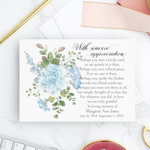 Cartes de remerciement florales bleues personnalisées pour funérailles avec enveloppes Choisissez la quantité Notes de remerciement pour les invités Remerciements de sympathie