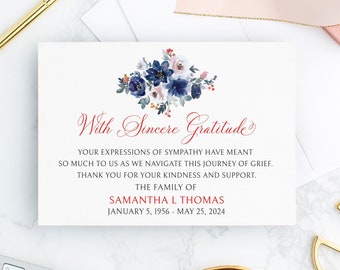 Personalized Sympathy Thank You Cards: Navy & Pink Floral, Linen