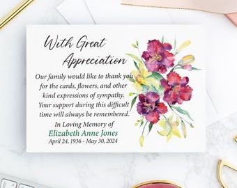 Sympathy Thank You Cards with Name and Dates Funeral Thank You Cards Personalized Floral Memorial Service Thank You Notes Linen Cards