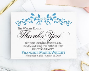 Funeral Service Thank You Cards Personalized, Choose Quantity, Sympathy Acknowledgement Cards for After Service, Celebration of Life Notes