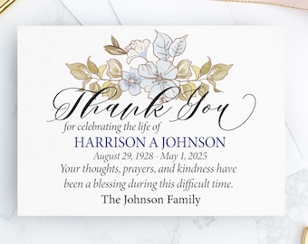 Funeral Thank You Cards with Blue Floral Design Personalized Sympathy Acknowledgement Cards with Envelopes Celebration of Life Thank You