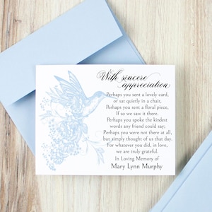 Personalized Hummingbird Funeral Thank You Cards: Sympathy Memorial Notes with Envelopes Customized with Name and Dates