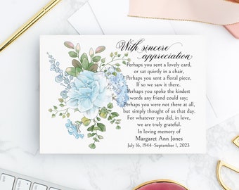 Personalized Blue Floral Sympathy Thank You Cards with Envelopes