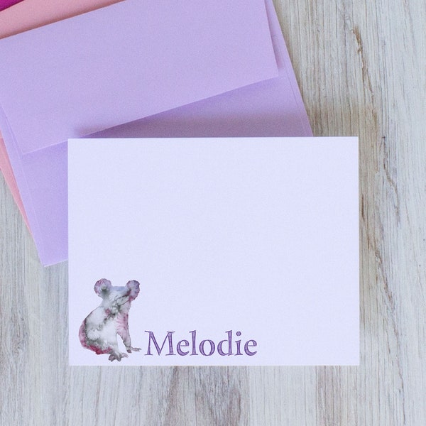 Personalized Koala Bear Stationery Set for Kids, Set of 10 FLAT Cards, Cute Watercolor Animal Notecard for Girls, Thank You Card Children