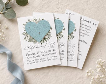 Personalized Memorial Seed Favors, Plantable Heart Cards for Funeral Service