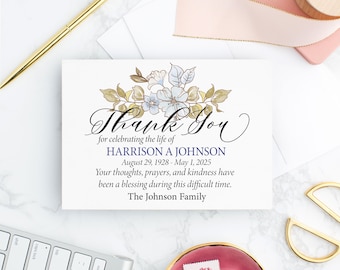 Funeral Thank You Cards with Blue Floral Design Personalized Sympathy Acknowledgement Cards with Envelopes Celebration of Life Thank You