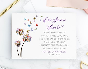 Floral Butterfly Sympathy Thank You Cards: Personalized Memorial Notes
