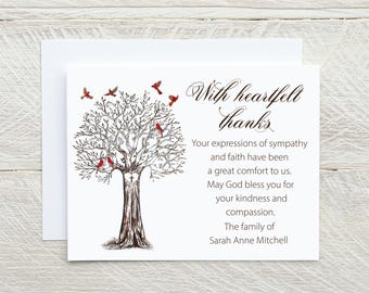 Personalized Red Cardinal Sympathy Thank You Cards: Christian Memorial Notes with Cross