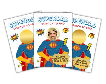 Personalized Superhero Dad Scratch Off Game Cards for Baby Shower Guests, Customized Who has Superdad Lottery Style Favor